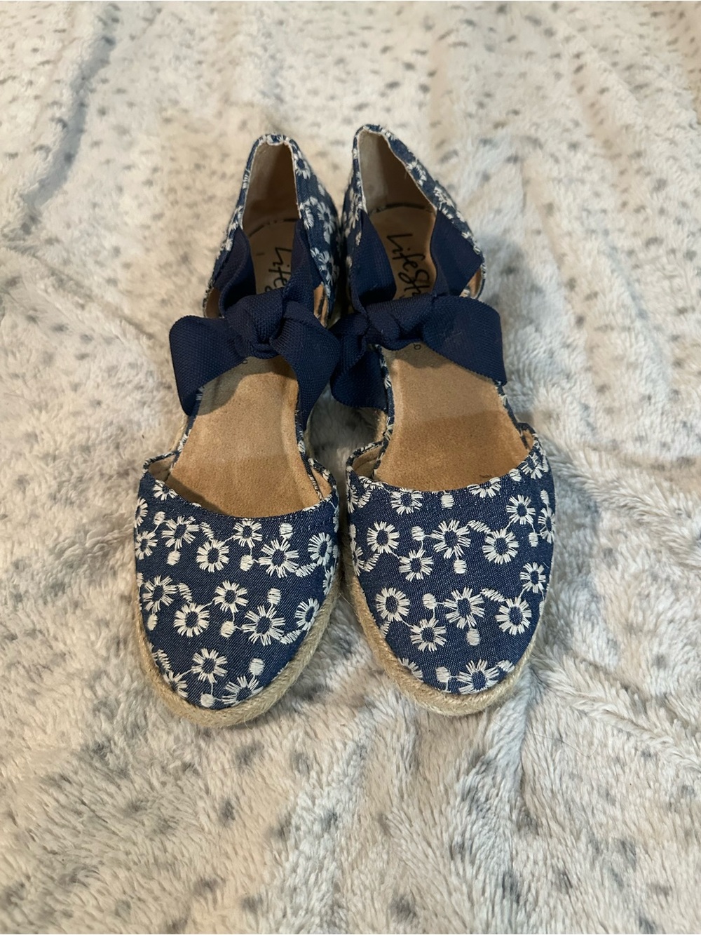 Lifestride Navy Floral Espadrille Wedges with Bow Accent